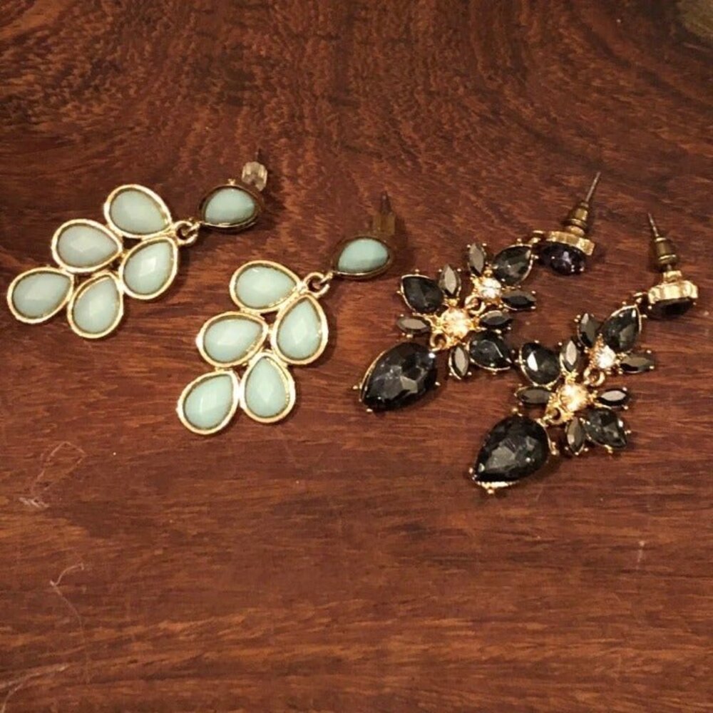 Rhinestone Dangle Pierced Earrings Two Pairs Blue Black